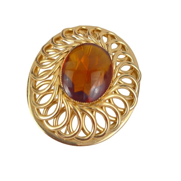 Napier Vintage GoldT one Brooch With Amber Gemstone Intricate Filigree Design Ov - Picture 1 of 5